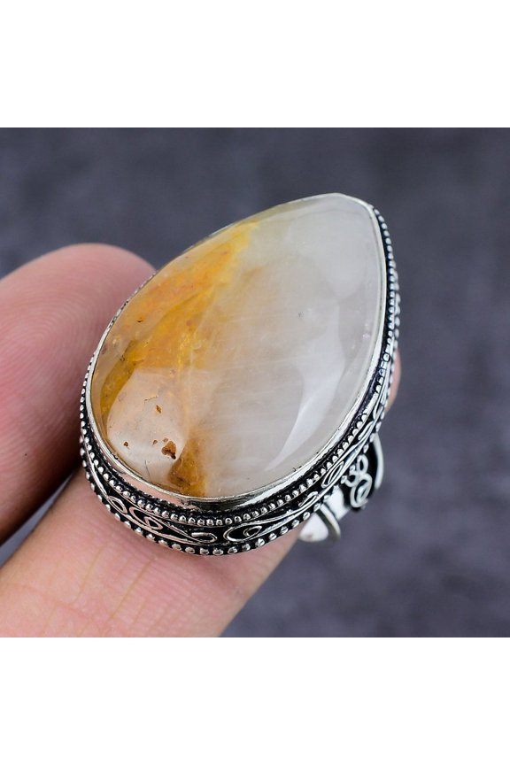 Natural Plume Agate Gemstone Handmade 925 Sterling Silver Jewelry Ring S.7