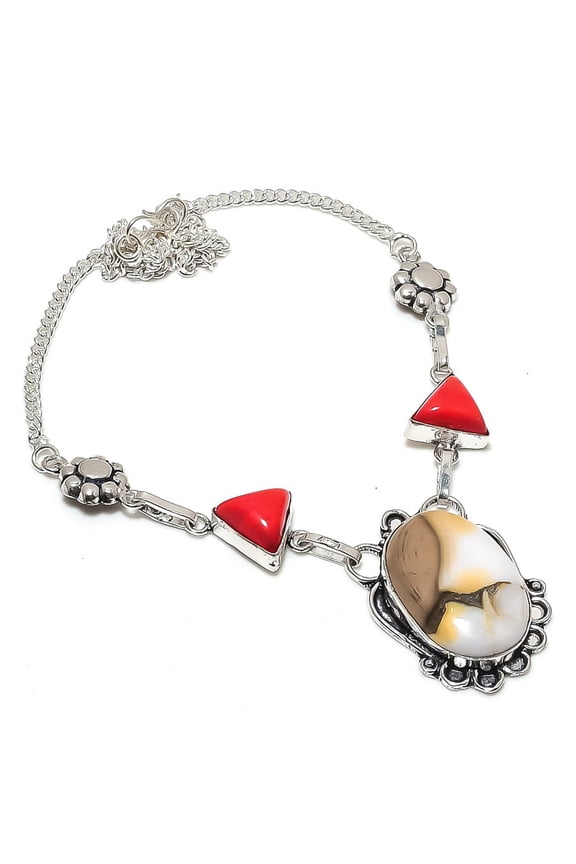 Natural Polka Dot Agate, Coral 925 Sterling Silver Jewelry Necklace 18"