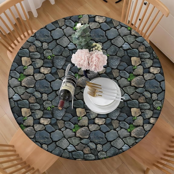 Natural Polyester Round Tablecloth Fitted,3D Blue Brown Stone & Grass Inlaid Pattern Tablecloths, Washable for Kitchen Wedding Dining Outdoor Party Picnic Banquet 40"-42"