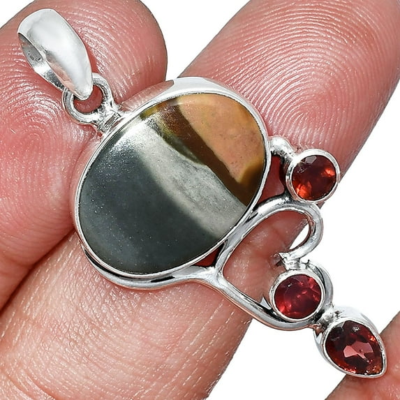 Natural Polygram Jasper & Garnet 925 Sterling Silver Pendant Jewelry P-1293 SDP152676