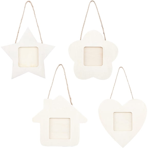 Natural Poplar Wood Hanging Photo Frame House & Heart & Star & Flower BurlyWood 109~120x119~124x7~7.5mm 24pcs/set