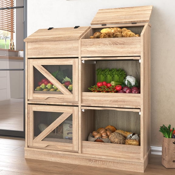 Natural Potato Storage Bin and Bread Box with Mesh Door and Wood Hidden Door, Rustic Vegetable Organizer for Kitchen and Dining Room