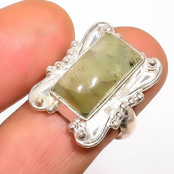 Natural Prehnite 925 Sterling Silver Ring Size 8.5|Handmade Ring, Gift for her, Green Ring, Gemstone Silver Jewelry