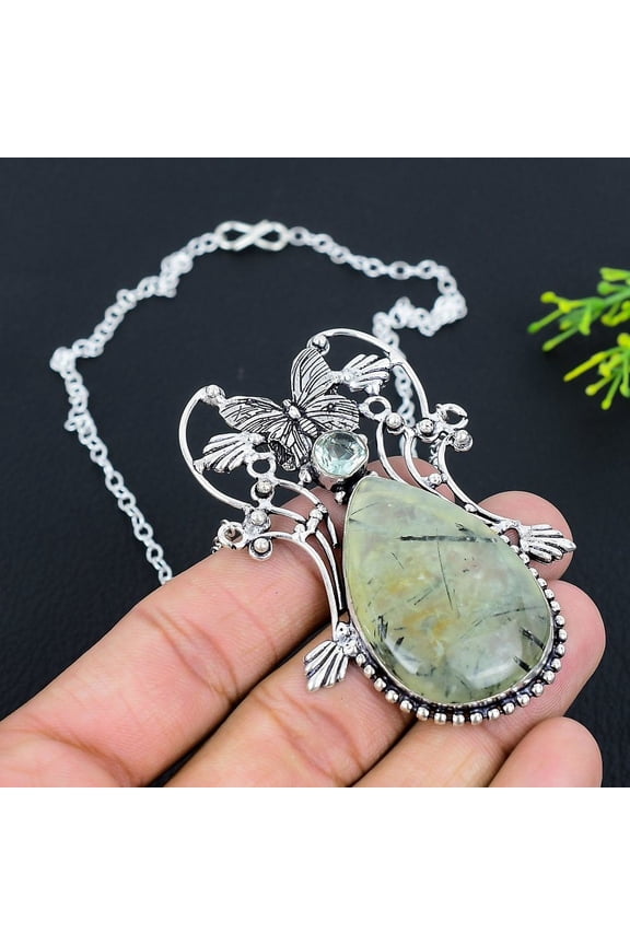 Natural Prehnite, Apatite Gemstone 925 Sterling Silver Gift Necklace 18"