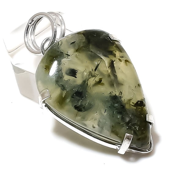 Natural Prehnite Gemstone Handmade 925 Sterling Silver Pendant 1.85"