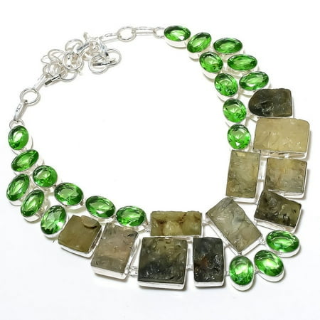Natural Prehnite, Peridot Gemstone 925 Sterling Silver Necklace 18"