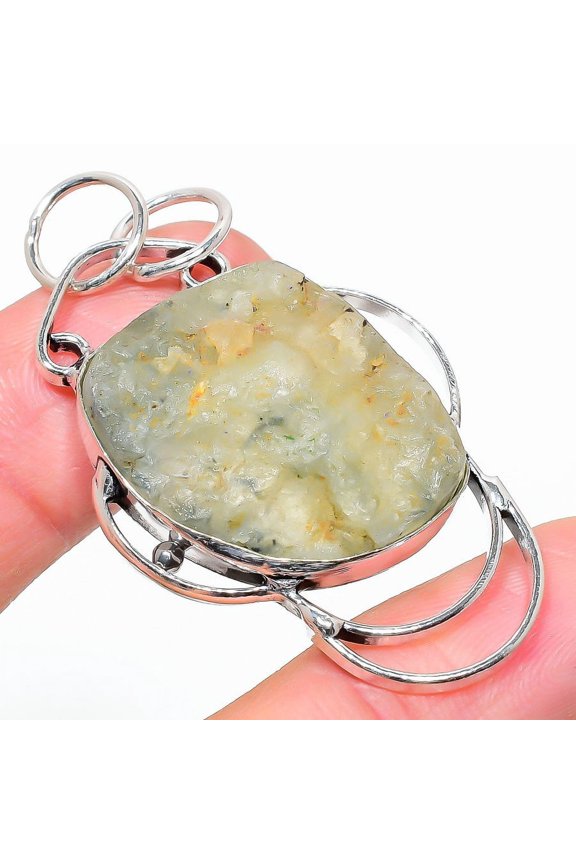 Natural Prehnite Rough Gemstone 925 Sterling Silver Gift Pendant 1.97"