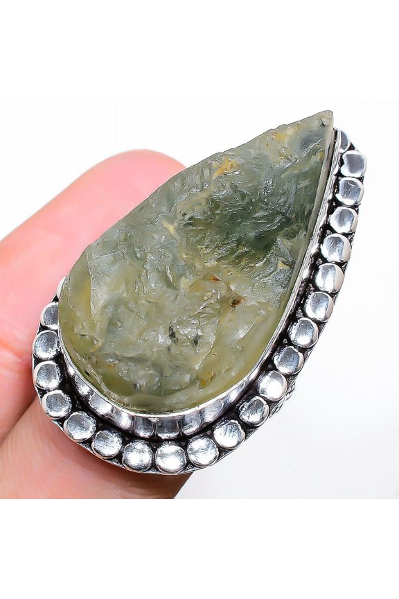 Natural Prehnite Rough Gemstone Handmade 925 Sterling Silver Ring Size 7