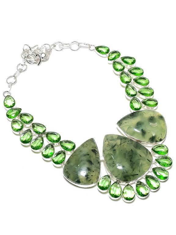 Natural Prehnite, Tsavorite 925 Sterling Silver Jewelry Necklace 18"