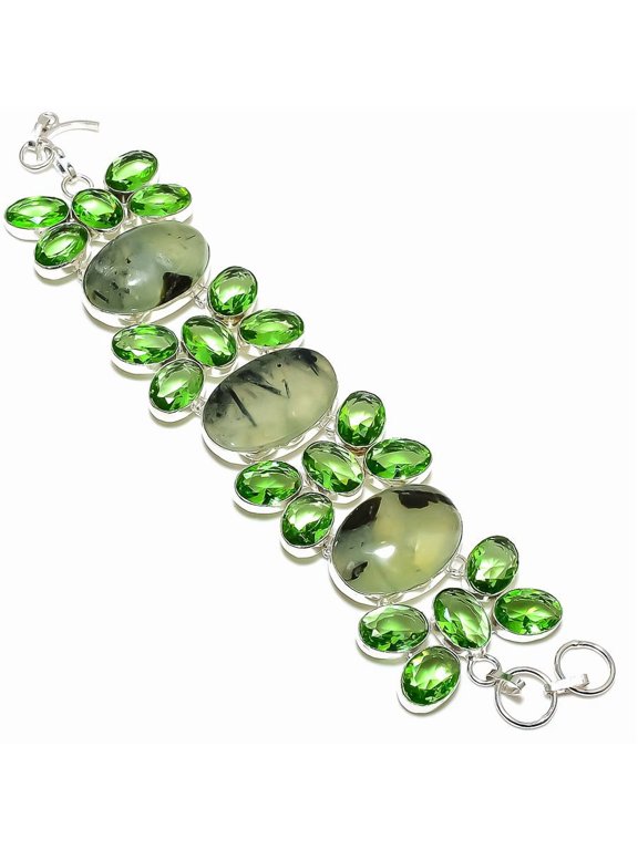 Natural Prehnite, Tsavorite Gemstone 925 Sterling Silver Bracelet 7-8"