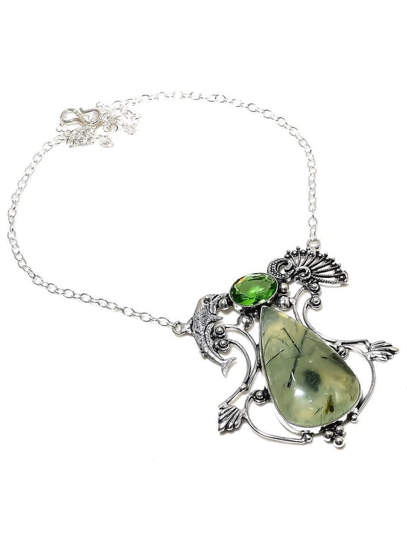Natural Prehnite, Tsavorite Handmade 925 Sterling Silver Necklace 18"