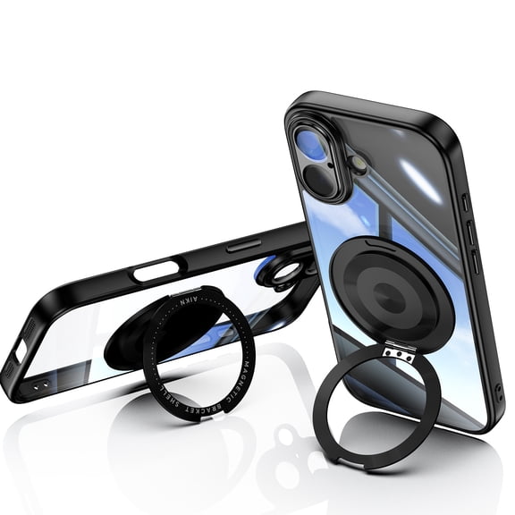 For iPhone 17 Case with Tempered Glass Camera Lens Protector, Ring Holder Kickstand Shockproof Scratch Resistant Anti-Yellow Clear Back Case Cover for Apple iPhone 17,Black