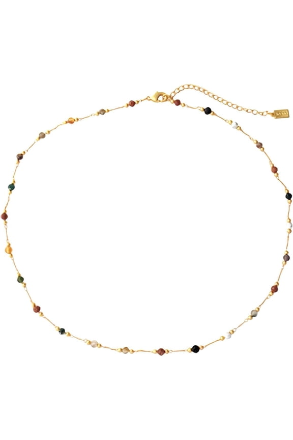 Natural Pro Stone Gold Chain for Women Teen, Dainty Chic Necklace Colorful Small Real Stone With 14K Gold Plated Clasp designed for Summer Beach Fashion[q748]