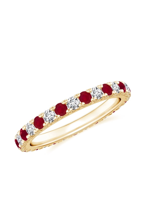 Natural Prong Set Full Eternity Ruby Wedding Ring in 925 Sterling Silver/ Yellow Gold Plated Stackable Moissanite Eternity Bands for Women July Birthstone Jewelry Gift for Her, Ring Size: 7