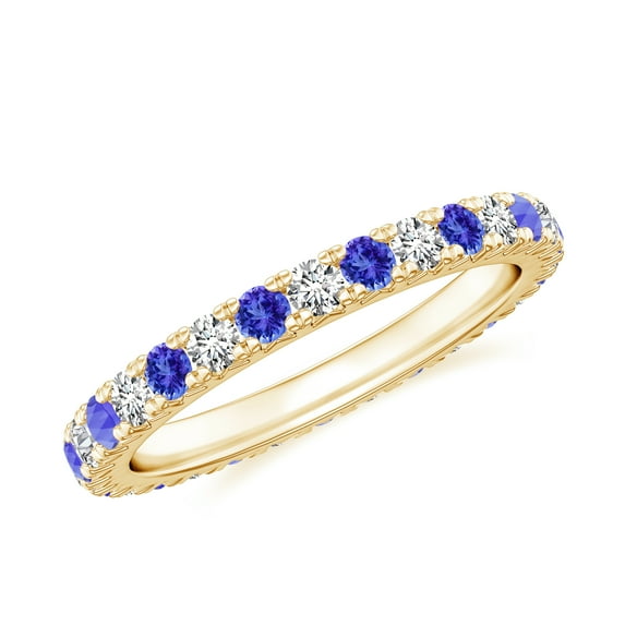 Natural Prong Set Full Eternity Tanzanite Wedding Ring in 925 Sterling Silver/ Yellow Gold Plated Stackable Moissanite Eternity Bands for Women December Birthstone Jewelry Gift for Her, Ring Size: 6