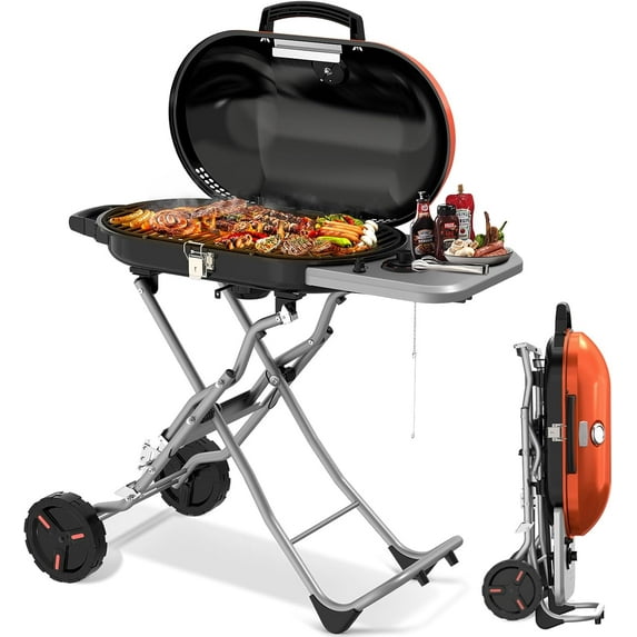 Portable Propane Gas Grill,15000 BTUS BBQ Grill with 348 SQ Inch Large Cooking Areas,Sturdy Quick-Fold Legs,Portable & Foldable Gas Grill for Outdoor Camping/Tailgating/Picnic,Orange