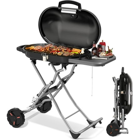 Portable Propane Gas Grill, 15000 BTUS BBQ Grill with 348 SQ Inch Large Cooking Areas,Sturdy Quick-Fold Legs,Portable & Foldable Gas Grill for Outdoor Camping/Tailgating/Picnic,Black