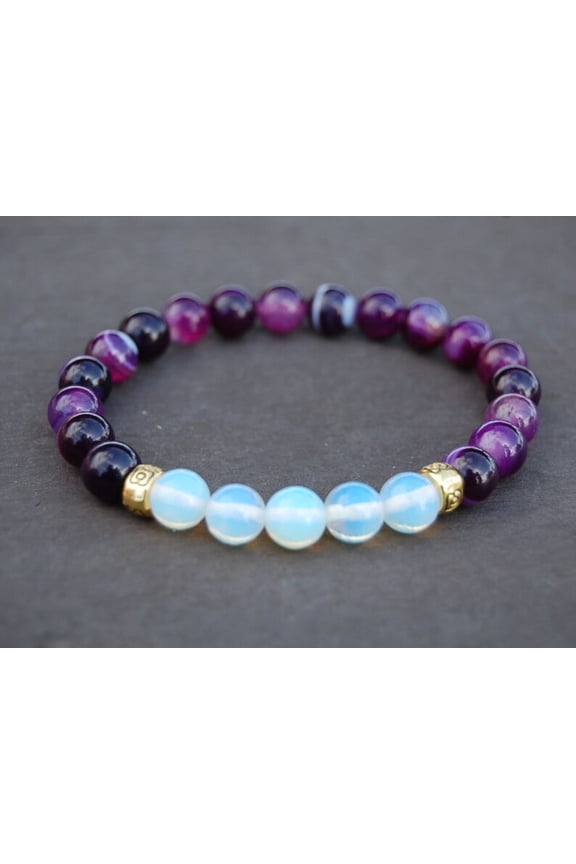 Natural Purple Agate & Opalite 8mm round Shape smooth Cut Beads Stretchable Bracelet for Men & Women.