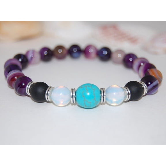 Natural Purple Agate With Moonstone & Turquoise 8mm round Shape smooth Cut Beads Stretchable Bracelet for Men & Women.