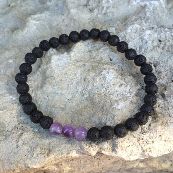Natural Purple Amethyst & Black Lava 6mm Round Shape Smooth Cut Beads Stretchable Bracelet for Men & Women.
