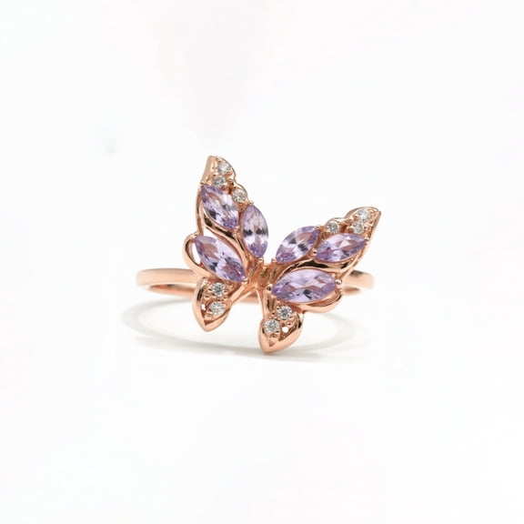 Fine Color Jewels 925 Sterling Silver Amethyst Gold Butterfly Ring February Birthstone Jewelry