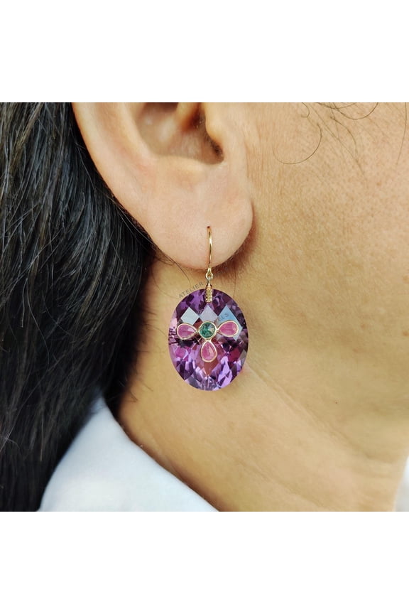 Natural Purple Amethyst, Emerald and Ruby Earrings, 14K Solid Yellow Gold Earrings, February Birthstone Earrings, Christmas Present