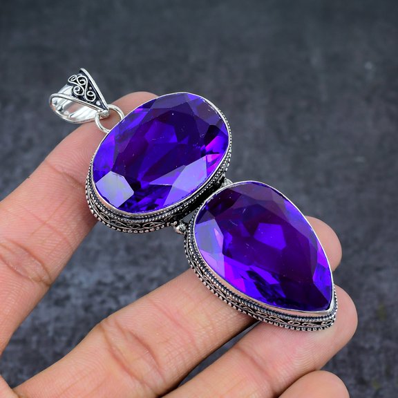 Natural Purple Amethyst Gemstone 925 Sterling Silver Jewelry Pendant 3.31"