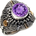 thumbnail image 1 of Natural Purple Amethyst Gemstone Real 925 Sterling Silver Fine Filigree Handmade Ethnic Tribal Unique Designer Modern Finger Ring For Women, Cocktail Fashion Jewelry, February Birthstone, Size O1/2, 1 of 3