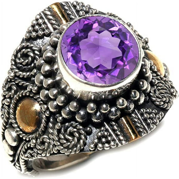 Natural Purple Amethyst Gemstone Real 925 Sterling Silver Fine Filigree Handmade Ethnic Tribal Unique Designer Modern Finger Ring For Women, Cocktail Fashion Jewelry, February Birthstone, Size O1/2