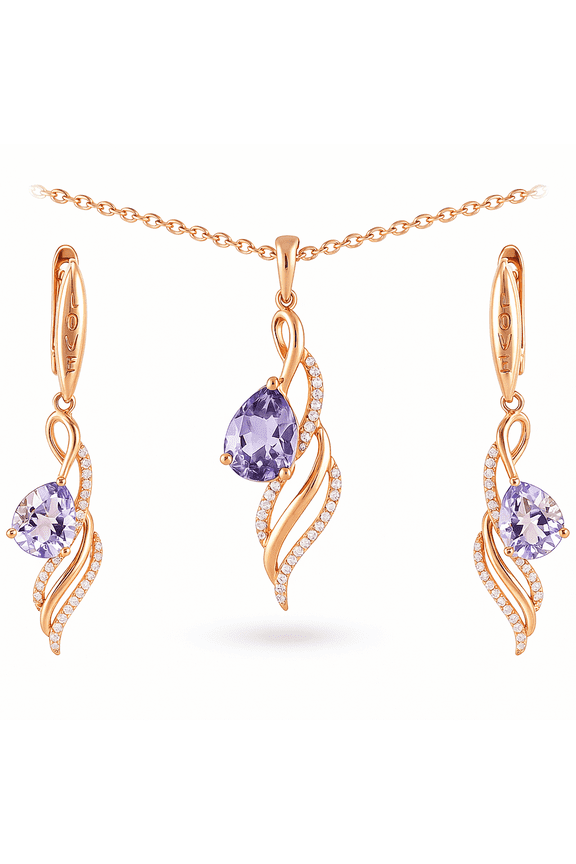 Amethyst Jewelry Set 925 Sterling Silver Rose Gold 6.46 Ct Pear Shaped Topaz Accent for Women