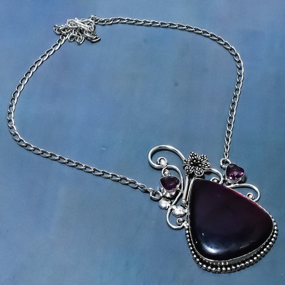 Natural Purple Labradorite,Amethyst Stone 925 Sterling Silver Necklace 18"