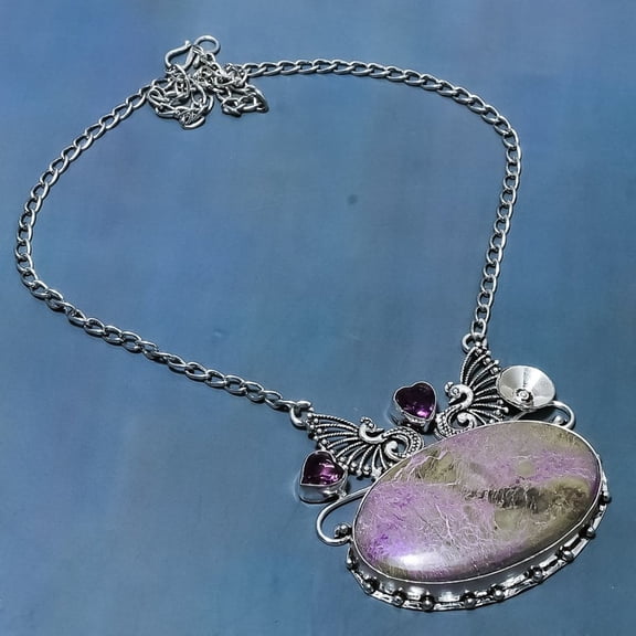 Natural Purple Labradorite,Amethyst Stone 925 Sterling Silver Necklace 18"