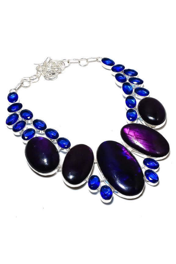 Natural Purple Labradorite Gemstone 925 Sterling Silver Necklace 18"