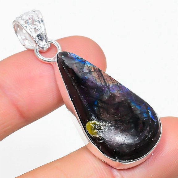 Natural Purple Labradorite Gemstone 925 Sterling Silver Pendant 2.01"
