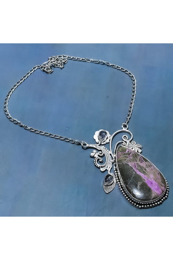 Natural Purple Labradorite,Iolite Gemstone 925 Sterling Silver Necklace 18"