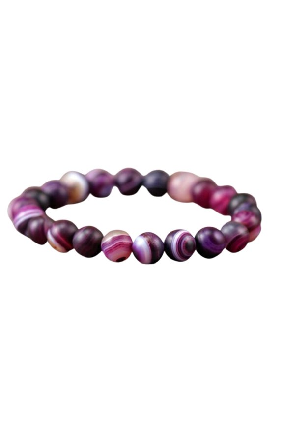 Natural Purple Striped Agate 8mm Round Shape Smooth Cut Beads Stretchable Bracelet For Men & Women. Unisex Bracelet