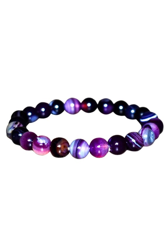 Natural Purple Striped Agate 8mm Round Shape Smooth Cut Beads Stretchable Bracelet For Men & Women. Unisex Bracelet