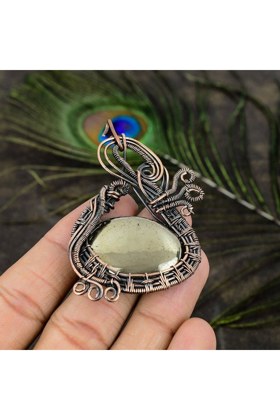 Natural Pyrite Agate Gemstone Handmade Copper Wire Wrap Pendant 2.76"