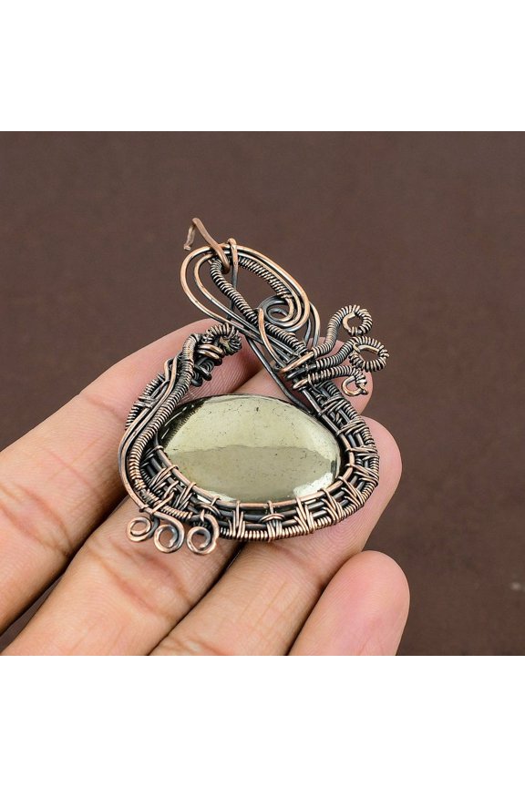 Natural Pyrite Agate Gemstone Handmade Copper Wire Wrap Pendant 2.76"