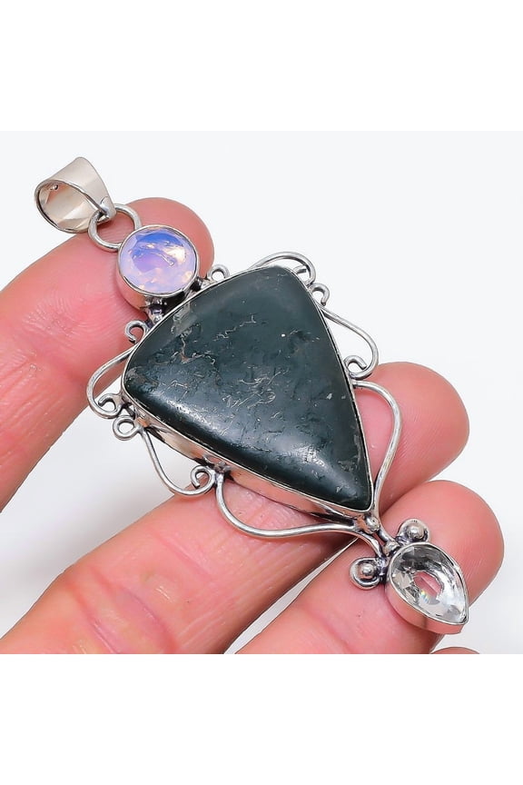 Natural Pyrite Agate, Opal 925 Sterling Silver Jewelry Pendant 3.27"
