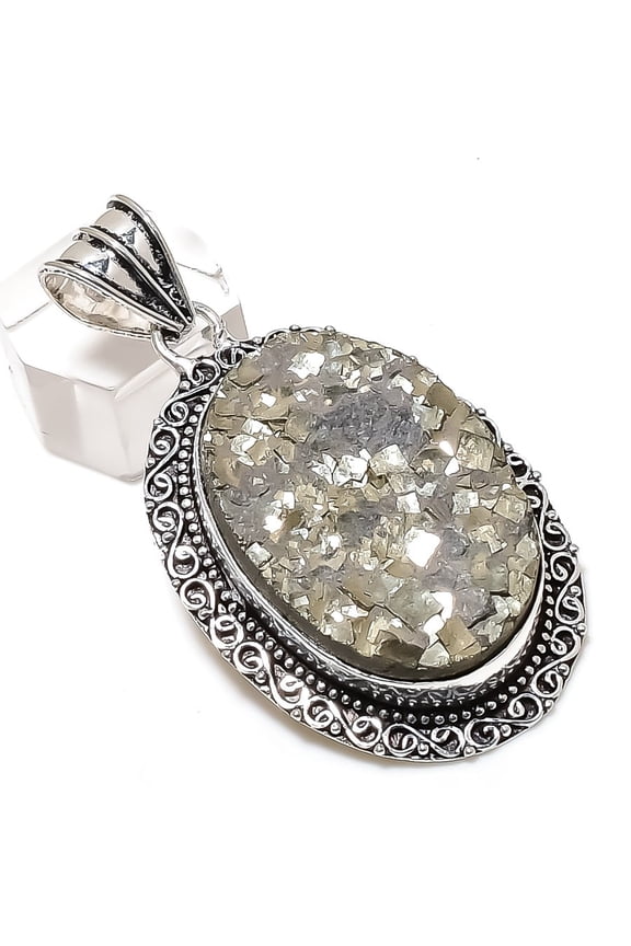 Natural Pyrite Druzy Gemstone 925 Sterling Silver Jewelry Pendant 2.36"