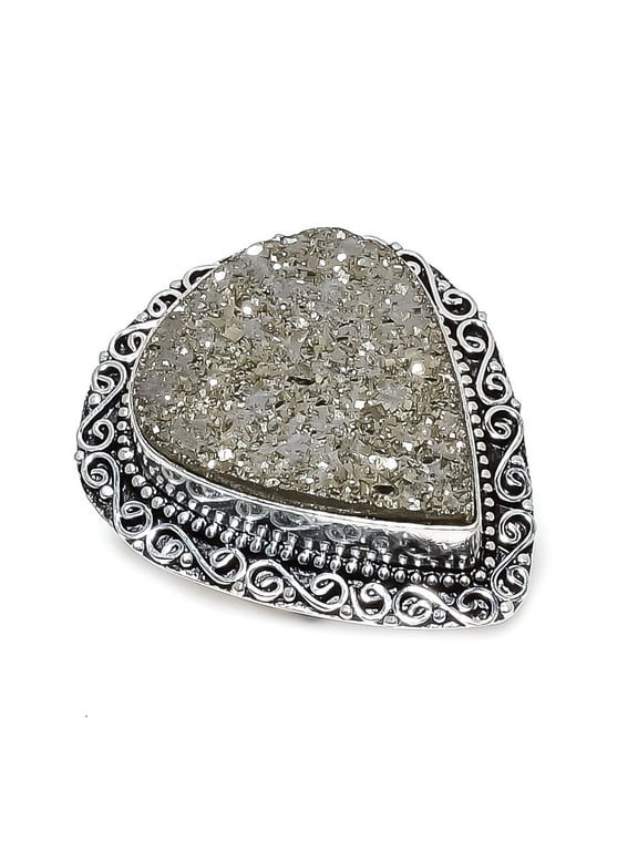 Natural Pyrite Druzy Gemstone 925 Sterling Silver Jewelry Ring Size 7
