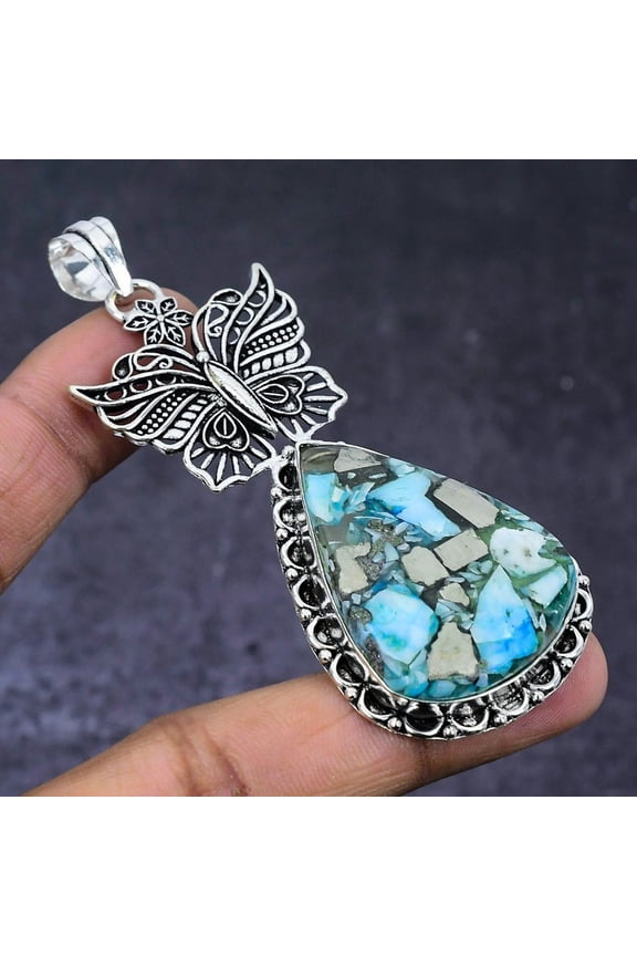 Natural Pyrite Turquoise Gemstone 925 Steling Silver Jewelry Pendant 3.23"