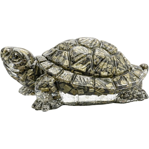 Natural Pyrite Turtle Figurine Feng Shui Crystal Turtle for Home Decor, Prosperity, Good Luck & Positive Energy Display (Large)