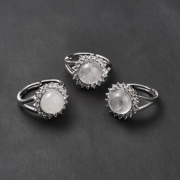 Natural Quartz Adjustable Rings Platinum Tone Flower Brass Rhinestone Rings for Women Cadmium Free & Lead Free Size 8(18.1mm) 2.5~8mm