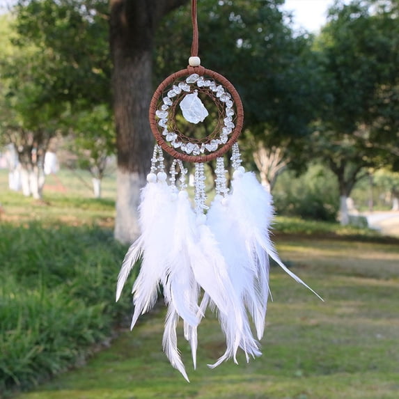 Natural Quartz Chips Woven Net/Web with Feather Pendant Decoration Iron Ring Hanging Ornament 400x70mm