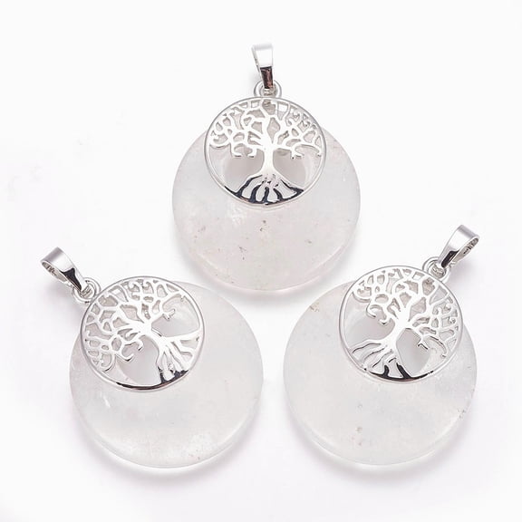 Natural Quartz Crystal Pendants Rock Crystal Pendants with Platinum Tone Brass Findings Flat Round with Tree of Life 32.5~33x27.5~28x5~6mm Hole: 5x7mm