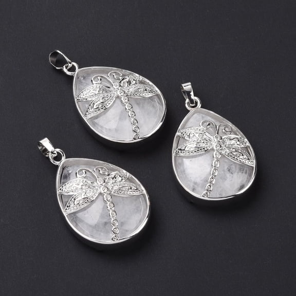 Natural Quartz Crystal Pendants Rock Crystal Pendants with Platinum Tone Brass Findings Lead Free & Cadmium Free Teardrop with Dragonfly Charms 40~40.5x26~26.5x9~9.5mm Hole: 5x7mm