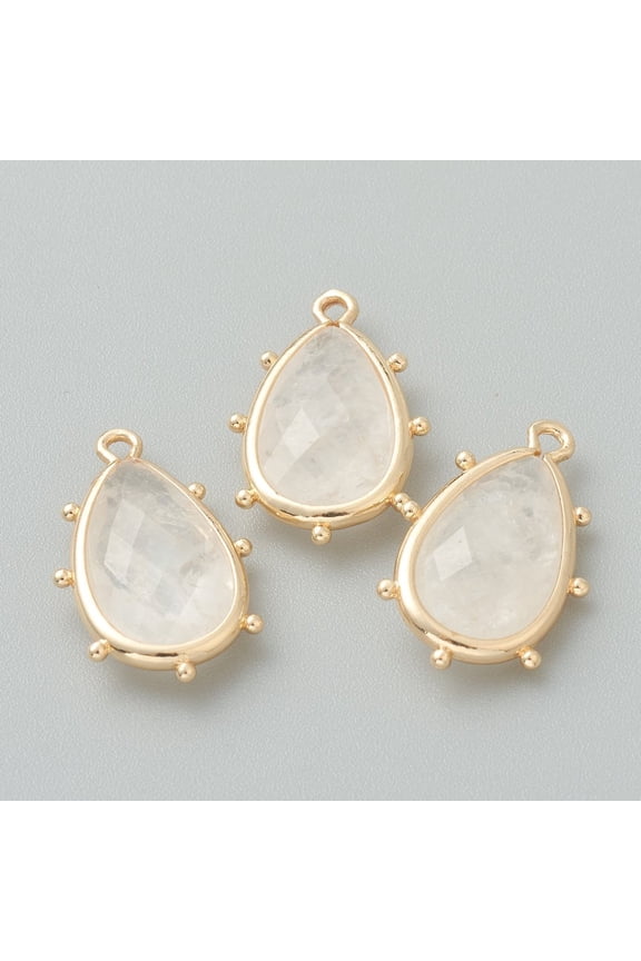 Natural Quartz Crystal Pendants Rock Crystal Pendants with Golden Brass Edge Faceted Teardrop 22.5x14x5.5mm Hole: 1.6mm