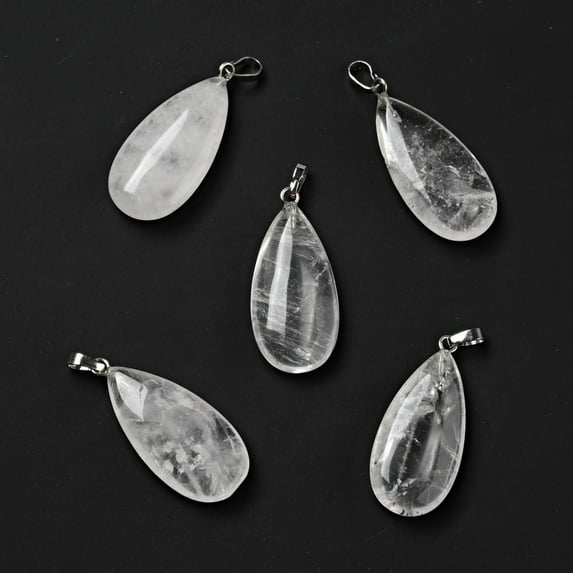 Natural Quartz Crystal Pendants Rock Crystal Pendants with Platinum Tone Brass Findings Teardrop 33x15x7~7.5mm Hole: 5x3.5mm